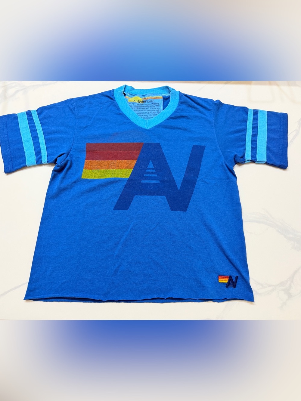 Aviator Nation Logo Boyfriend Tee Royal Blue V-Neck Tee with Rainbow Stripes